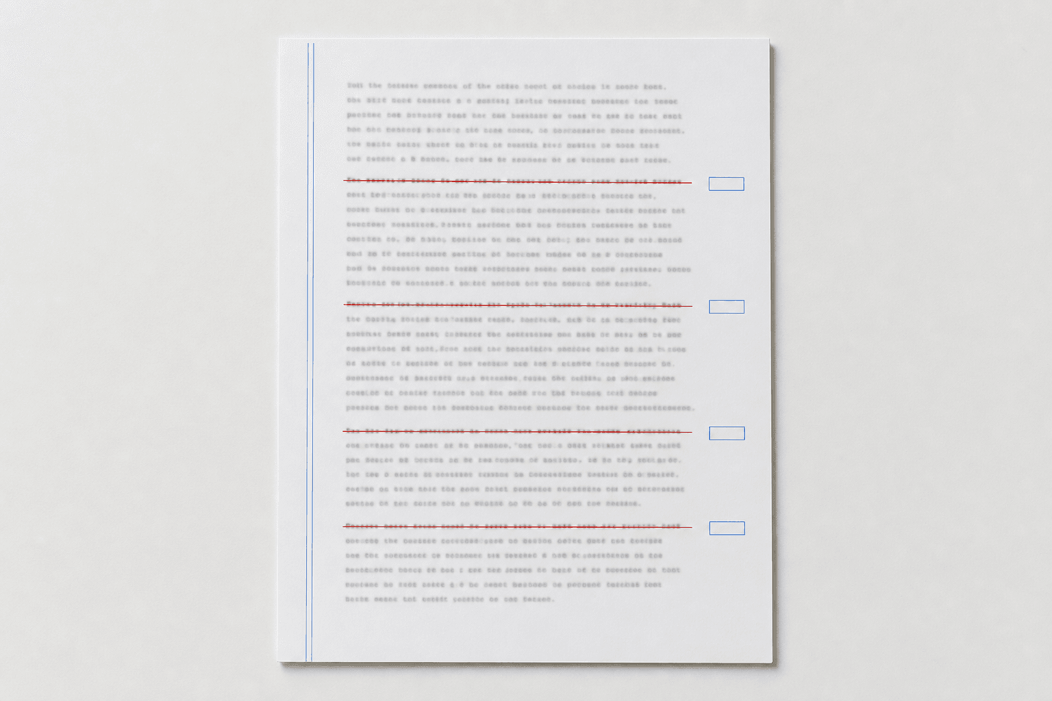 A printed script page with four lines struck through and a policy note marked in the margin beside each one